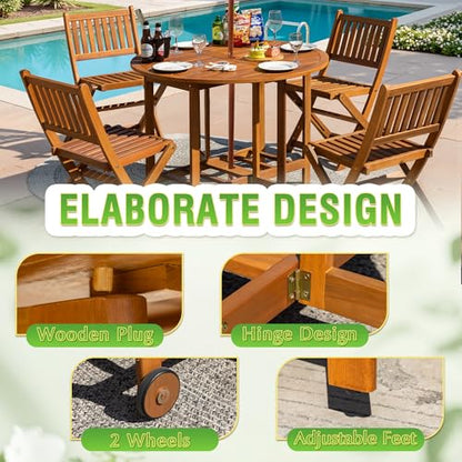 5 Piece Patio Dining Set Outdoor Acacia Wood Furniture All-Weather Folding Round Table and Chairs for Backyard, Balcony, Porch, Deck, Garden, Light Brown