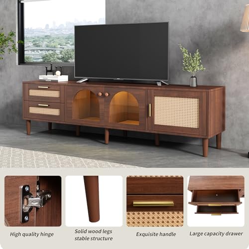 Rattan TV Stand with LED Lights, 70" Entertainment Center with 3 Cabinets & 2 Drawers Media Console Table for TVs Up to 80", Solid Wood Feet, Living Room, Bedroom Furniture