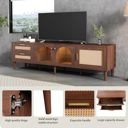 Rattan TV Stand with LED Lights, 70" Entertainment Center with 3 Cabinets & 2 Drawers Media Console Table for TVs Up to 80", Solid Wood Feet, Living Room, Bedroom Furniture