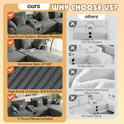 114" Corduroy Sectional Modular Couch with Speakers, L Shaped Couches Comfy Deep Sofa with Console, USB Charger, Cup Holders, Storage, Ottoman for Living Room (Gray, 114in)