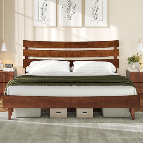 Mid Century Queen Size Solid Wood Platform Bed, Slatted Headboard, view 2
