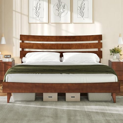 Mid Century Queen Size Solid Wood Platform Bed, Slatted Headboard, view 2