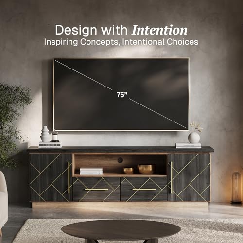70 Inch Modern TV Stand with Gold Trim, Elegant Entertainment Center with Storage, Media Console Table with Drawers & Open Shelves for Living Room (Espresso Black)