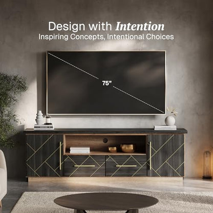 70 Inch Modern TV Stand with Gold Trim, Elegant Entertainment Center with Storage, Media Console Table with Drawers & Open Shelves for Living Room (Espresso Black)