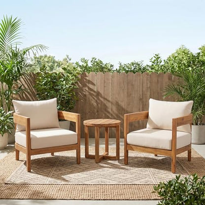 Maze 3-Piece Acacia Wood Patio Furniture Set, Outdoor Conversation Club Chair Set with Coffee Table, Patio Chat Set for Backyard Balcony, Teak+Beige