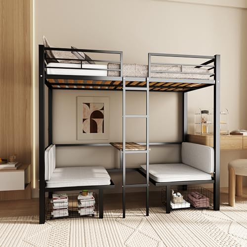 Full Size Loft Bed with Drawer and Desk & Table Sets Transformable for Bedroom,Dormitory,Living Room,Metal Sturdy Bed Frame w/Full-Length Guardrails,Full Over Full Bunk Bed,Black