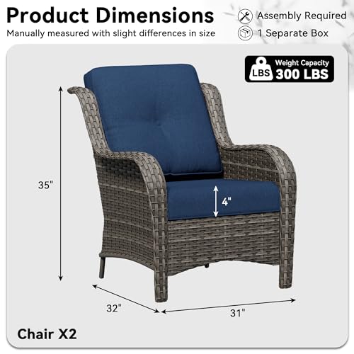 Patio Chairs Set of 2, Outdoor Wicker Patio Furniture Set with Thickened Olefin Cushions, High Back and Deep Seating, Wide Curved Armrest Hand-Woven PE Rattan for Porch, Deck, Blue