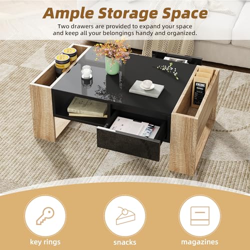 Modern Coffee Table with Storage, High Gloss Black and Natural Wood Finish, Living Room Center Table with 2 Drawers and Open Shelf, 41.3x23.6x15.7 Inches (Black Natural + Particle Board+MDF)