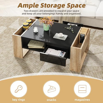 Modern Coffee Table with Storage, High Gloss Black and Natural Wood Finish, Living Room Center Table with 2 Drawers and Open Shelf, 41.3x23.6x15.7 Inches (Black Natural + Particle Board+MDF)