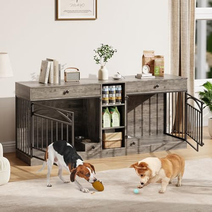 Dog Crate Furniture for 2 Dogs, Dog Kennel Indoor with Storage and Feeding Bowls, view 4