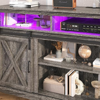 Farmhouse TV Stand for 80/75 Inch TV with Power Outlet, Entertainment Center with Storage and Sliding Barn Doors, Wood Media Console for Living Room, Grey