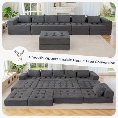 Modular Sectional Sofa Couch, Foldable U Shaped Cloud Couch with Pillows, Tufted 7-Seat Boneless Lounger Floor Sofa Bed for Living Room, No Assembly Required, Dark Grey
