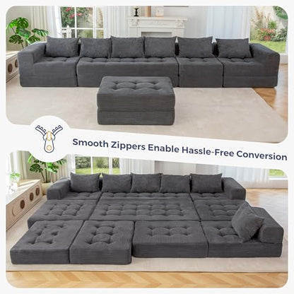 Modular Sectional Sofa Couch, Foldable U Shaped Cloud Couch with Pillows, Tufted 7-Seat Boneless Lounger Floor Sofa Bed for Living Room, No Assembly Required, Dark Grey