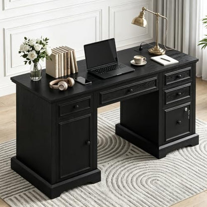 59" Farmhouse Executive Office Desk with Drawers Lock File Cabinet, view 2