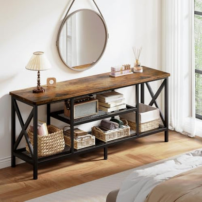 59.8" Industrial TV Stand for 55-65 Inch TVs, Rustic Brown, 3-Tier Media Entertainment Center with Open Shelves, Metal Frame, Sofa Table for Living Room, Bedroom, Office