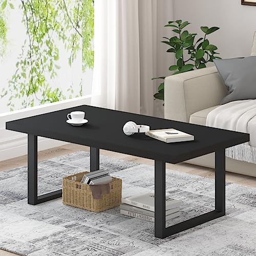 Modern Black Coffee Table, Minimalist Industrial Wooden Center Table, Simple Farmhouse Rectangle Living Room Table, Wood and Metal Cocktail Coffee Table for Home Bedroom Office, Black Oak, 47 Inch