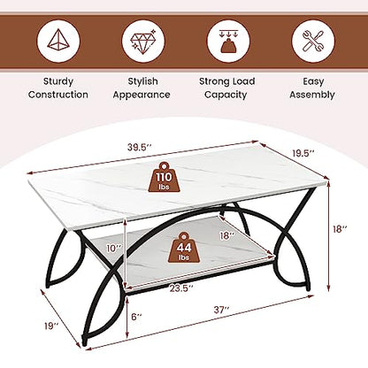 2-Tier Rectangular Coffee Table, Faux Marble Table with Open Storage Shelf, Black Finished Metal Frame, Modern Center Table for Living Room, Reception Room (White+Black)