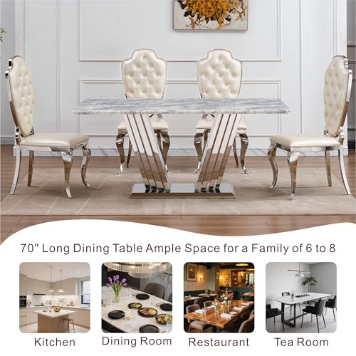 Marble Dining Table for 6 People, 70'' Rectangle Faux Marble Dining Table with Mirrored Stainless Steel Base, Large Size Marble Kitchen Table (Silver,Grey)(only Table)