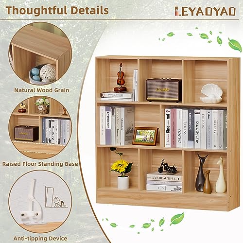 8 Cube Bookshelf with Base,3 Tier Mid-Century Modern Natural Bookcase,Standing Wide Bookshelves Storage Organizer Shelf,Rustic Wood Display Cabinet Book Shelves for Bedroom,Living Room,Office