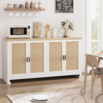 GAOMON 60" Rattan Buffet Cabinet - 4-Door Woven Storage Sideboard with Adjustable Shelves, White Farmhouse Console Table for Dining Room, Living Room & Entryway
