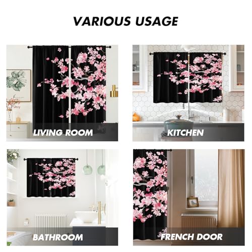 Pink Cherry Blossom Window Curtains 42" W x 63" L Black Floral Sakura Tree Japanese Anime Gothic Style Rod Pocket Drapes for Living Room Bedroom Fabric 2 Panels