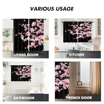 Pink Cherry Blossom Window Curtains 42" W x 63" L Black Floral Sakura Tree Japanese Anime Gothic Style Rod Pocket Drapes for Living Room Bedroom Fabric 2 Panels