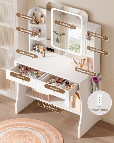 29.5" White Small Makeup Vanity Desk with Power Outlet & Mirror, view 3