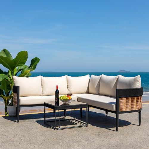 SAFAVIEH Outdoor Patio Furniture Collection - Harrison 3-Piece Corner Sofa Set with Table, Black & Taupe, Modern Sectional Design (PAT7744A)