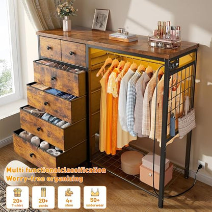 49.2" W Dresser with Hanging Rack & 6 Drawers, Grid Panel & 4 Hooks, view 4