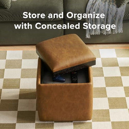 Levi Storage Ottoman with Reversible Tray, Modern Square Chest Coffee Table, Upholstered Cube Sitting Foot Stools Ottoman for Living Room, Bedroom, Entryway (Faux Leather, Pecan Brown)