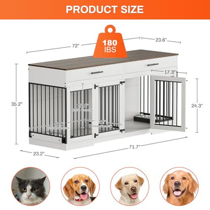 72" Double Dog Crate Furniture with Drawers and Divider, White, view 3