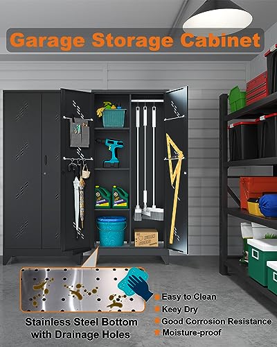 Metal Storage Cabinet with Lock, 71" Garage Storage Cabinets with Hanging Rod & S-Hooks, Large Storage Cabinet, Locking Tool Utility Closet, Black