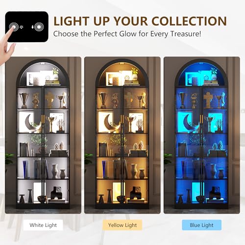 Arched Display Cabinet with Doors, 76" Tall Curio Cabinet with Adjustable Shelves/3 Colors LED Lights, 6 Tier Display Case for Collectibles Bedroom Living Room Office, Black