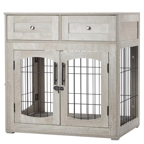 Modern Wooden Dog Crate Furniture with 3 Doors & 2 Drawers, Comes with Cushion, view 7