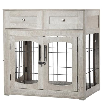 Modern Wooden Dog Crate Furniture with 3 Doors & 2 Drawers, Comes with Cushion, view 7