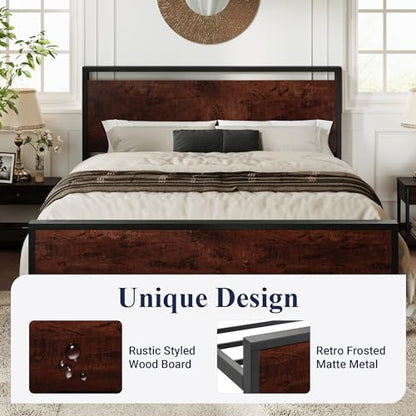 Queen Size Bed Frame, Heavy Duty 12 Metal Slats Support, Mahogany, view 5