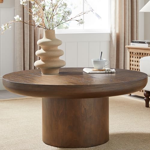 Round Coffee Table 36" Wood for Living Room Large Modern Solid Wooden Drum Circle Farmhouse Center Mid-Century Sofa Side Coffee Tables for Apartment Home Furniture Cocktail Tea Brown Easy Assemble