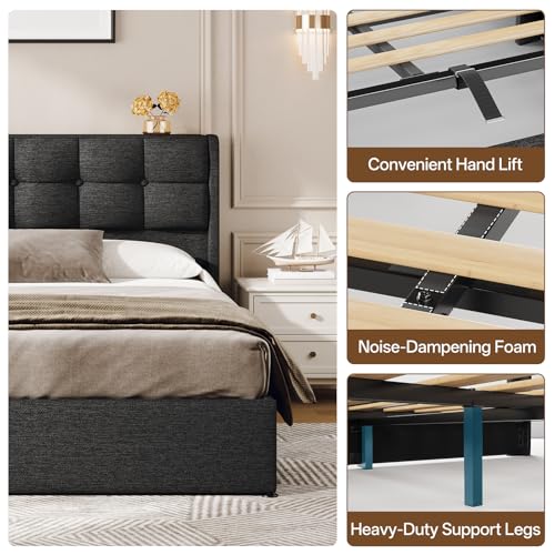 Lift Up Queen Size Bed Frame with Storage, Upholstered Queen Bed Frame with Wingback Headboard, No Box Spring Needed, Easy Assembly - Dark Grey