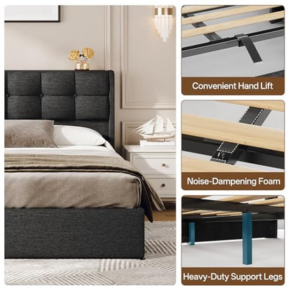 Lift Up Queen Size Bed Frame with Storage, Upholstered Queen Bed Frame with Wingback Headboard, No Box Spring Needed, Easy Assembly - Dark Grey