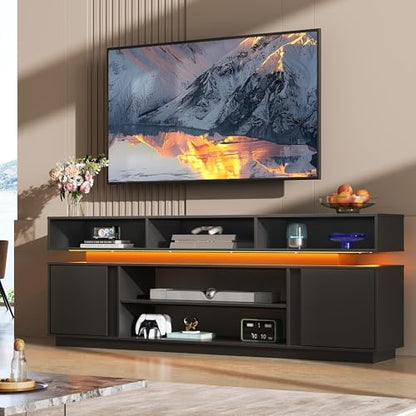 Modern TV Stand for 75 Inch TV, 2 Tier Entertainment Center with RGB LED Lights & Storage Cabinets, Media TV Console Gaming Television Stands for Living Room, Bedroom, Black