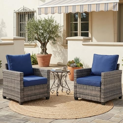 2 Piece Outdoor Patio Sofa Chairs Set, Wicker Armchairs with 4.3" Thick Cushions & High Backrests, All-Weather Rattan Porch Chairs, Patio Furniture Set for Balcony, Deck,(Blue)