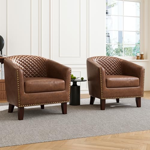 Accent Barrel Chair, Upholstered Faux Leather Club Chair with Nailed Trim, Comfy Reading Armchair for Living Room Bedroom Reception Room Office (Brown, Set of 4)