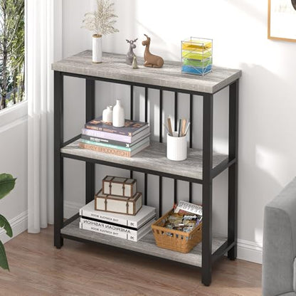 3 Tier Bookshelf, Short Bookcase for Small Space, Modern Wooden and Metal Book Shelf for Living Room Bedroom Office (Light Grey Oak)