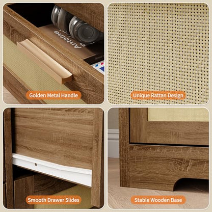 10 Drawer Dresser for Bedroom, 59 in Farmhouse Rattan Dressers & Chests of Drawers, Wooden Storage Organizer with Anti-Tipping Device for Living Room, Hallway, Entryway, Natural