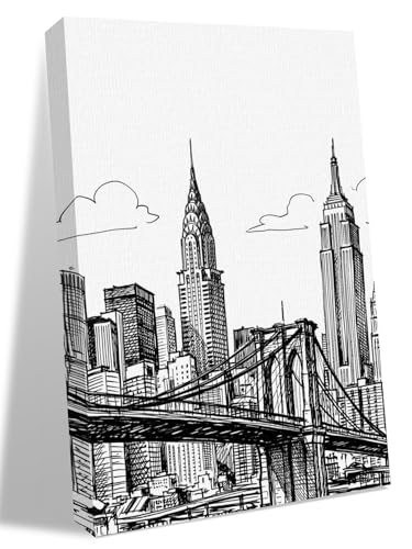 NuYeBiofx Modern Bridge Building Sketch Canvas Wall Art Prints,48"x32" Framed Picture Artwork Monochrome Architecture Art Printed Canvas Oil Painting for Living Room Bedroom Office,Ready to Hang