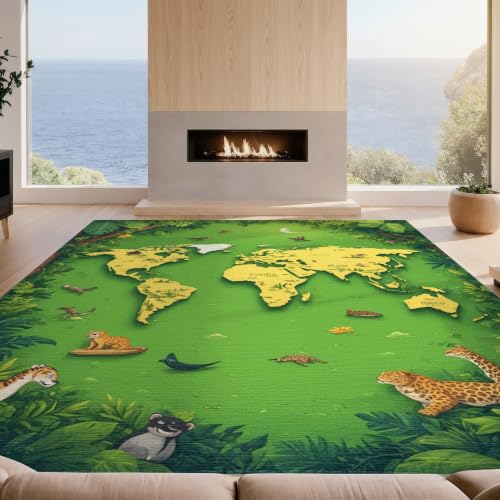 Design&I 6'x9' Green Tropical World Map Adventure Washable Area Rug | Explore Exotic Animals in an Educational Layout for Queen Size Bedroom, Under Bed, Sleek Flatweave Pet Friendly