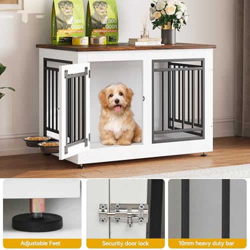 28 Inch Dog Crate Furniture with Adjustable Feet & Removable Bowls, view 5