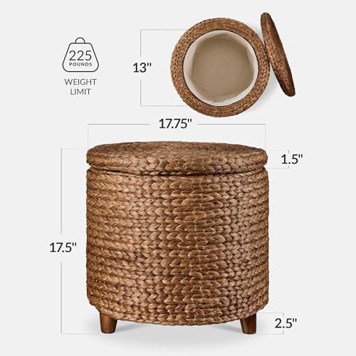 Best Choice Products 17" Round Storage Ottoman W/Lid, Handwoven Water Hyacinth Footstool, Footrest w/Wooden Legs, Accent Side Table, Storage Container, Plant Stand - Chestnut