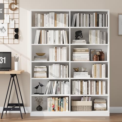 Bookshelf and Bookcase, 6-Tier Double Wide Bookshelves,Freestanding Display Storage Shelves, Tall Bookcases for Home Decor Bedroom, Living Room, Home Office, White