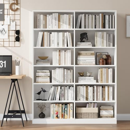 Bookshelf and Bookcase, 6-Tier Double Wide Bookshelves,Freestanding Display Storage Shelves, Tall Bookcases for Home Decor Bedroom, Living Room, Home Office, White